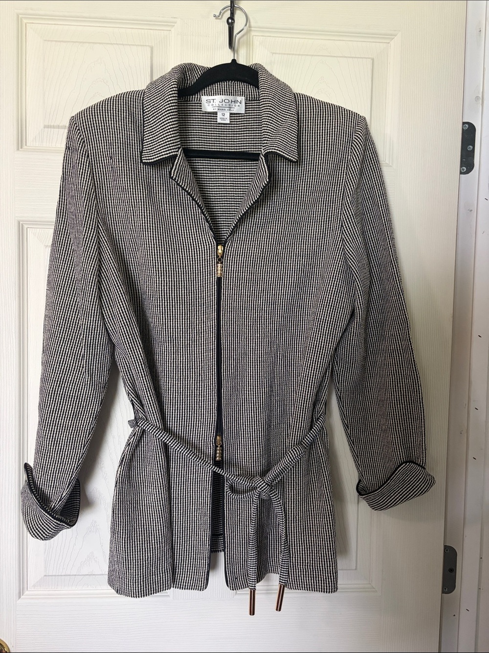 St. John Black and White Zip-Front Belted Blazer